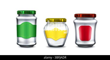 Set di vaschette in vetro con coperchi colorati - tappi ed etichette verdi, gialli e rossi. Contenitori trasparenti per inscatolamento e conservazione degli alimenti. Realistica confezione 3d di bottiglie vuote per marmellata, miele o salsa Illustrazione Vettoriale