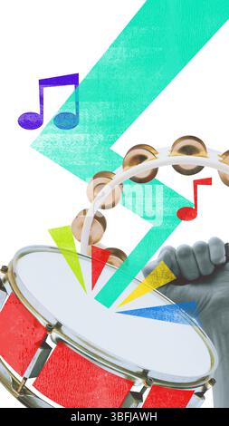 Collage d'arte contemporanea. Il Tambourine colpisce con energia dinamica mentre le note musicali esplodono come la folla danzante. Battito di riscaldamento Foto Stock