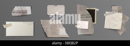 Set di elementi di carta strappati - varie forme rettangolari strappate con bordi irregolari e ombre. Ritaglio realistico di giornali e frammenti di note per scrapbooking o collage. Ritagli pagina obsoleti. Illustrazione Vettoriale