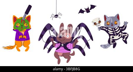 Animali domestici in costumi di Halloween - gatto vestito da zombie e scheletro, cane con costume da ragno. Simpatici personaggi animali travestiti da scherzo o scherzo. Amici pelosi che festeggiano le vacanze di ottobre Illustrazione Vettoriale
