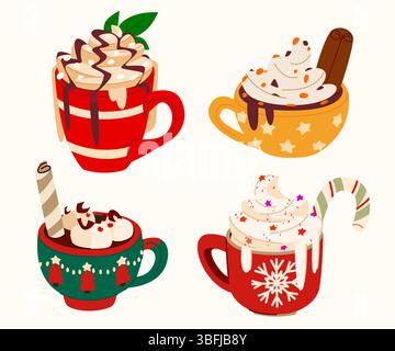 Collezione di tazze da caffè natalizie - tazze con panna montata decorate con canna da zucchero, marshmallow e stecca di cannella. Durante le vacanze invernali, potrai gustare una cioccolata calda o un cappuccino in ceramica. Illustrazione Vettoriale
