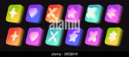 Collezione Gradient aura y2k icons - luccicanti simboli al neon con forma a stella, cuore e fiori su quadrati colorati e arrotondati. Pulsanti di sfocatura digitale vibranti per un design dell'interfaccia di app futuristica e retrò. Illustrazione Vettoriale