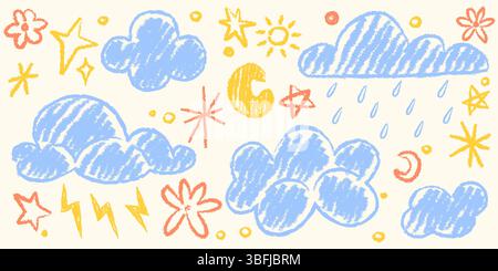 Coloratissimo pastello con nuvole di pioggia e fulmini, stelle e sole, forme lunari e fiori. Schizzi infantili in colori pastello. Elementi atmosferici divertenti per l'arredamento della camera dei bambini. Illustrazione Vettoriale