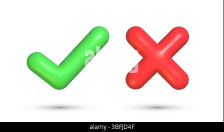 segno di spunta verde 3d e croce rossa. Set di icone vettoriali con contrassegno destro e errato Illustrazione Vettoriale