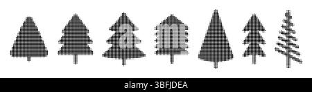 Set di alberi di Natale con effetto mezzitoni. Forme geometriche di abete con trama tratteggiata Illustrazione Vettoriale