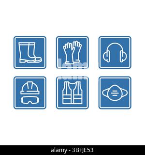 Indossare indumenti protettivi o set di cartelli per i dispositivi personali. Giubbotto protettivo, stivali, casco e occhiali icone di etichette vettoriali, tratto modificabile. Illustrazione Vettoriale