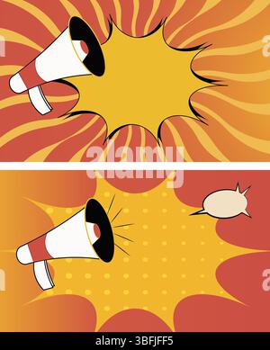 Campagna sui social media pop art in stile vivace e sfondo giallo con megafono. Illustrazione Vettoriale