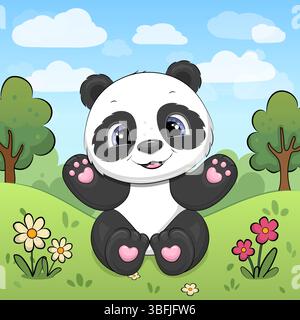 Carino cartone animato Panda in natura. Illustrazione vettoriale di un animale con fiori rossi, erba verde e alberi. Illustrazione Vettoriale