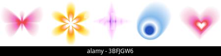 Set di forme sfumate per farfalle e fiori. Forme di cuore, cerchio e scintillio Y2K retrò. Icone di gradazione colorate su sfondo bianco. Elegante Illustrazione Vettoriale