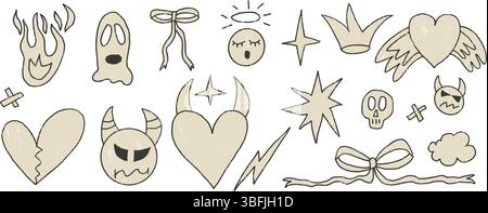 Set disegnato a mano per Rock and Roll. Punk carbone Breaking Heart Doodle background. Disegna le forme grunge. Diavolo, corona e linea disegnano graffiti art. Illustrazione Vettoriale
