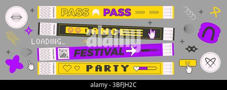 Set di biglietti per adesivi futuristici e braccialetti a mano. festival musicale y2k, feste, braccialetti da concerto e toppe in stile rave retrò. Cartaceo mostra st Illustrazione Vettoriale