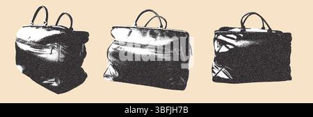 Set di adesivi fotocopie collage per borse da viaggio. Doodle testurizzato grunge isolato. Il turismo segna le forme. Valigia da viaggio in linea mezzitoni. Illustrazione vettoriale Illustrazione Vettoriale