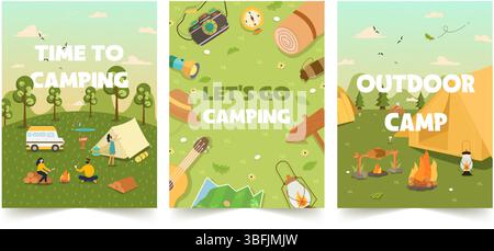 Illustrazioni di avventura in campeggio con divertimento all'aria aperta ed esplorazione. Illustrazione vettoriale Illustrazione Vettoriale