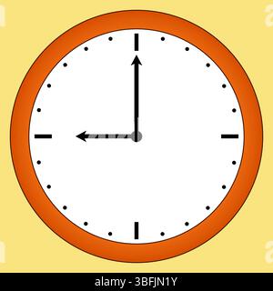 Immagine dell'orologio da parete arancione rotondo con quadrante meccanico con anello bianco che mostra 9 oclock, che simboleggia l'ora di inizio della scuola. Per tornare al tema della scuola, ed Illustrazione Vettoriale