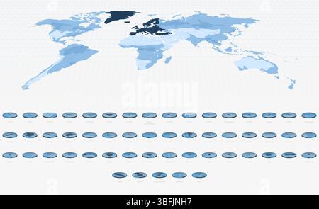 Mappe dei paesi europei in stile isometrico circolare, tonalità blu. Mappe in formato circolare. Illustrazione Vettoriale