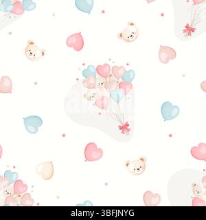 Bouquet di orsacchiotti e palloncini a cuore motivo senza cuciture Illustrazione Vettoriale