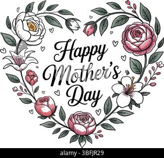 Affetto fiorente: Un'emozionante illustrazione di una colorata composizione floreale e di cuori, augurando "buona festa della mamma" con delicata maestria artistica. Illustrazione Vettoriale