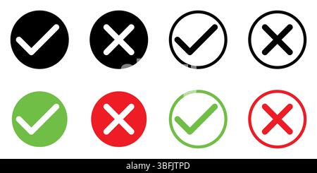 Segno di spunta verde e x rossa nel cerchio, insieme di segno di spunta OK e simbolo X croce, illustrazione vettoriale Illustrazione Vettoriale