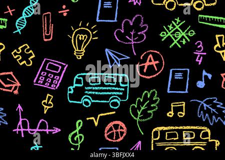 Motivo senza cuciture con icone scolastiche come bus, foglia, nota e lampadina in colori vivaci. Ideale per il ritorno a scuola o per l'asilo, didattico Illustrazione Vettoriale
