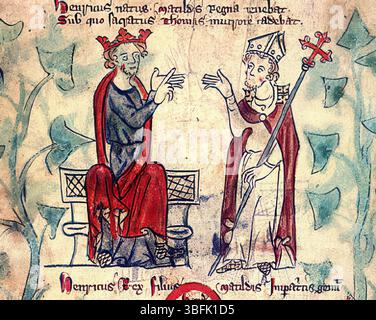 St. Thomas Becket affronta re Enrico II in una disputa; Enrico II e Thomas Becket. Questo è tratto da "Pietro di Langtoft, Cronaca d'Inghilterra" che fu probabilmente scritta e le immagini aggiunte durante il regno di Edoardo II (1307-1327). Nel 1162 re Enrico II persuase il suo cancelliere Thomas Becket a diventare arcivescovo di Canterbury, anche se Becket lo avvertì che la sua lealtà principale sarebbe stata alla Chiesa e non al re. Foto Stock