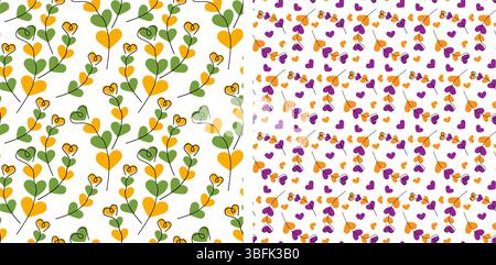 Ramoscelli a forma di cuori disegnati a mano motivi floreali senza cuciture Set di sfondo per le celebrazioni di primavera o di Halloween. Illustrazione vettoriale isolata: Biglietto di auguri, banner, tag fond per Pasqua, San Patrizio o festività autunnali Illustrazione Vettoriale