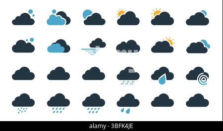Set di icone cloud: Simboli di archiviazione, elaborazione, caricamento e rete Illustrazione Vettoriale