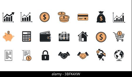 Set di icone finanza – Money (denaro), Banking (bancario), Investment (investimenti) e Business Symbols (simboli aziendali) Illustrazione Vettoriale
