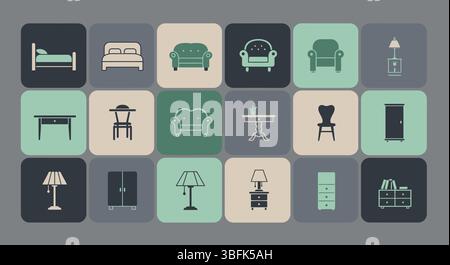 Set di icone per mobili - Home, Office, Living e Interior Design Symbols Illustrazione Vettoriale