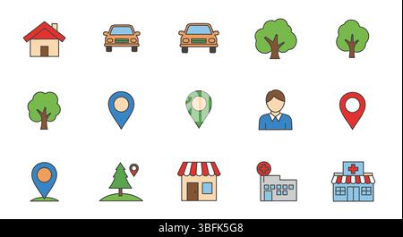 Set di icone di posizione – Mappa, GPS, PIN e simboli di navigazione Illustrazione Vettoriale