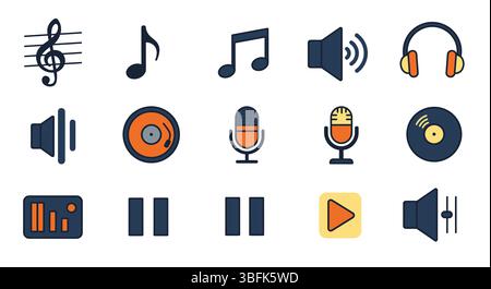 Set icone musica – Note, strumenti, suoni e simboli audio Illustrazione Vettoriale