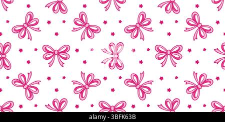 Graziosi fiocchi e stelle rosa su sfondo bianco motivo senza cuciture. Stampa bambola femminile per tessuti, imballaggi, carta, tessuto, grafica vettoriale Illustrazione Vettoriale
