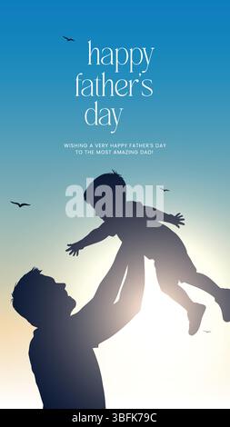 Buona festa del papà con le silhouette di papà e bambini. Biglietto di auguri vettoriale con un bel messaggio della festa del papà. Buon giorno del papà saluto illustrati Illustrazione Vettoriale