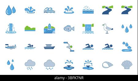 Set di icone di acqua lineare pulita – raccolta vettoriale delineata di acqua, gocce, onde, tubazioni, purificazione, conservazione ed elementi liquidi per l'interfaccia utente Illustrazione Vettoriale