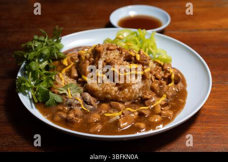 Pollo con sugo di carne integrale servito con riso al gelsomino. Primo piano di pollo con sugo di carne e riso. Foto Stock