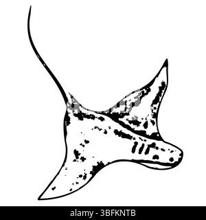 Avventura naturalistica marina caratterizzata da una maestosa silhouette di pastinaca. Illustrazione vettoriale. Pesce nero su sfondo isolato. Parco marino oceanico per clip art Illustrazione Vettoriale