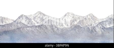 Acquerello immagine realistica del paesaggio montano, picchi innevati e scena del cielo Foto Stock