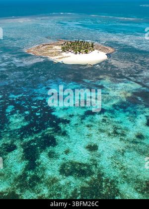 Spettacolare vista aerea della vibrante barriera corallina, delle acque turchesi e di una barra di sabbia bianca al largo della remota isola di Guyam a Siargao, Filippine. A. Foto Stock