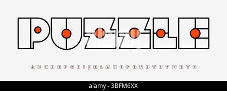 Puzzle alfabeto modulare, carattere geometrico delineato con pallina rossa. Tipografia per branding creativo di giochi mentali, tipografia basata sulla logica, astratta Illustrazione Vettoriale