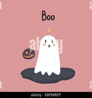Adorabile illustrazione di fantasmi bianchi su sfondo rosa con testo boo e un luminoso volto Jack-o-lanterna, ideale per i temi di Halloween. Illustrazione Vettoriale
