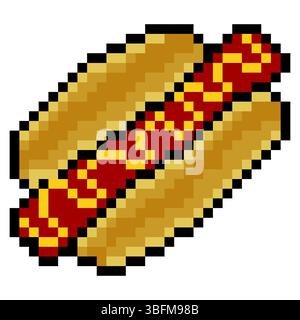 Fast food hot dog con pixel art isolati su sfondo bianco Illustrazione Vettoriale