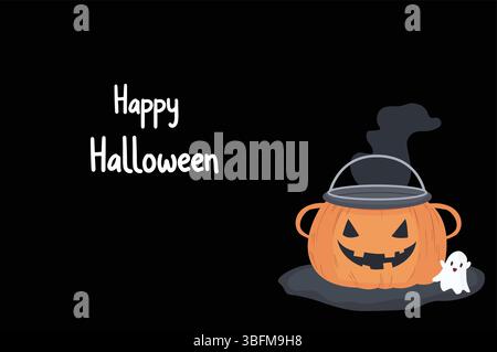 Biglietto di auguri di Halloween scuro con calderone jack-o-lanterna e simpatico fantasma con testo Happy Halloween in bianco. Illustrazione Vettoriale