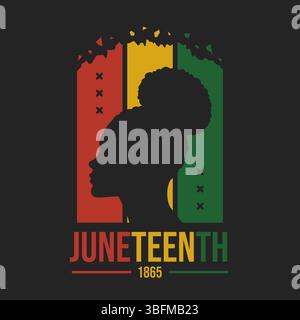 Sfondo di benvenuto afroamericano Juneteenth con silhouette di un profilo laterale donna afro su bandiera rossa, gialla e verde adatto per il design di camicie Illustrazione Vettoriale