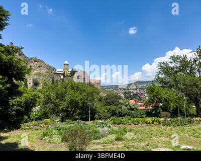 Vista della Fortezza di Narikala, della Chiesa di San Nicola e parte del Giardino Botanico di Tbilisi, Georgia. Niente persone. Foto Stock