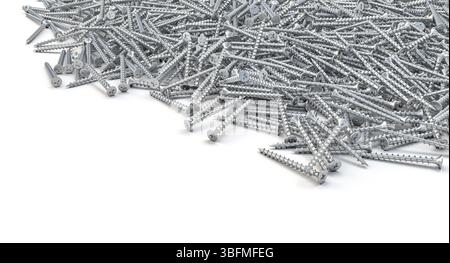 Pile di viti per legno che formano un tumulo su sfondo bianco 3d. Foto Stock