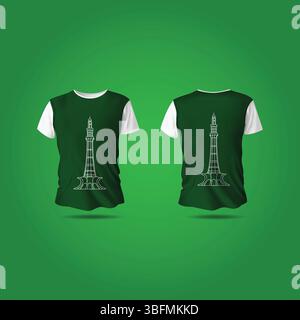 Mockup di t shirt Minar-e-Pakistan davanti e dietro con sfondo verde scuro Illustrazione Vettoriale