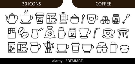 Una raccolta di 30 icone relative al caffè Illustrazione Vettoriale