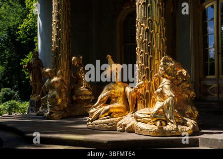 Gruppo di figure della Casa Cinese, nota anche come Casa del tè cinese nel Parco del Palazzo Sanssouci, Potsdam, Brandeburgo, Germania. Figurengruppe Foto Stock