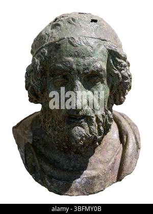 Testa in bronzo di un poeta cieco, tradizionalmente identificato come Omero, ritratto ellenistico datato al II secolo a.C., trovato al largo di Meloria vicino Livorno, Italia. Foto Stock