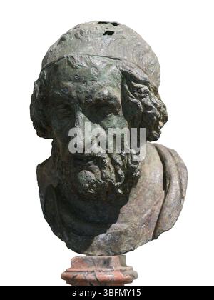 Testa in bronzo di un poeta cieco, tradizionalmente identificato come Omero, ritratto ellenistico datato al II secolo a.C., trovato al largo di Meloria vicino Livorno, Italia. Foto Stock