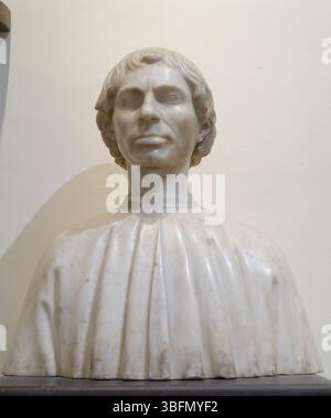 Busto in marmo "Ritratto di un ignoto (forse Niccolo Machiavelli)" di Antonio del Pollaiuolo, XV secolo, nel Museo Bargello, Firenze, Italia. Foto Stock